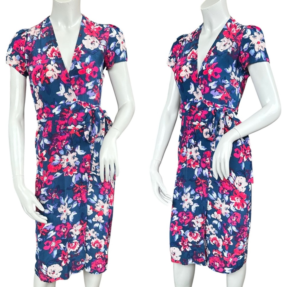 Revolve Yumi Kim Caught in the Midi Navy Blue Pink Floral Silk Wrap Dress XS